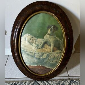 Vintage Oval Framed Art with Child and Dog
